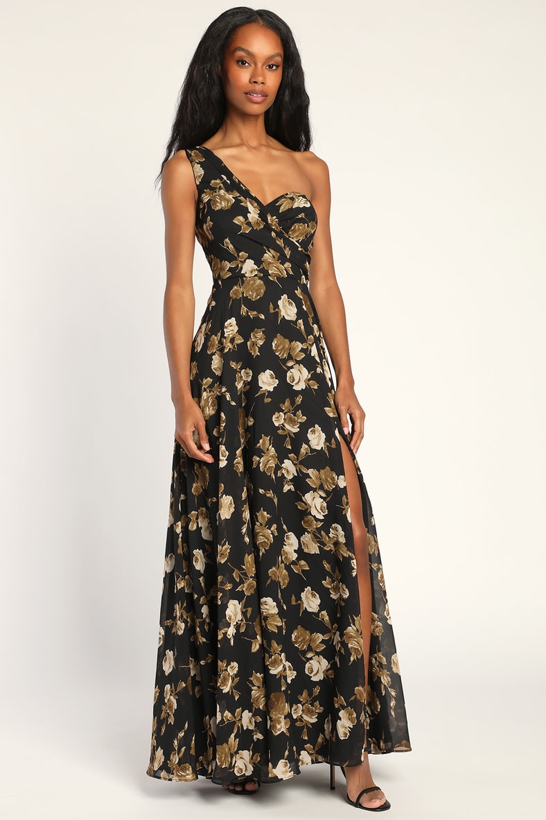 Fashionably Refined Black Floral Print One-Shoulder Maxi Dress