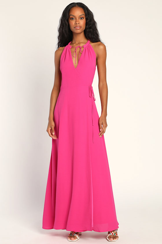 Hot Pink Wrap Dress Maxi Wrap Dress Chic Halter Wrap Dress Lulus