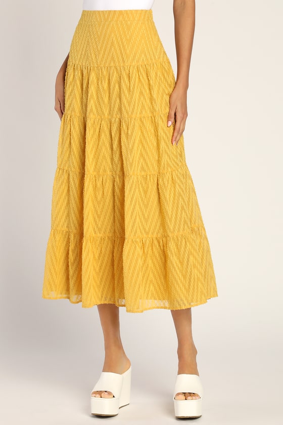 Mustard Yellow Midi Skirt - Jacquard Midi Skirt - Tiered Skirt - Lulus