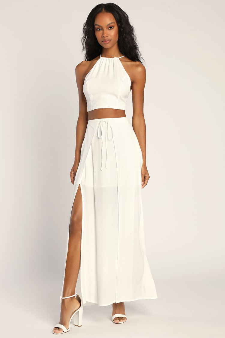 Run the Summer White Two-Piece Flyaway Halter Maxi Dress