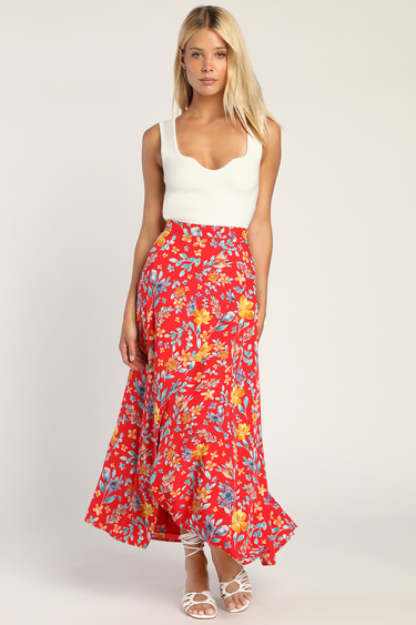 Sweet Sight Red Floral Print Faux-Wrap Maxi Skirt