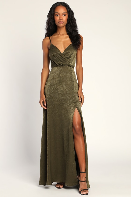 Sexy Olive Green Maxi Dress Satin Maxi Dress Surplice Dress Lulus