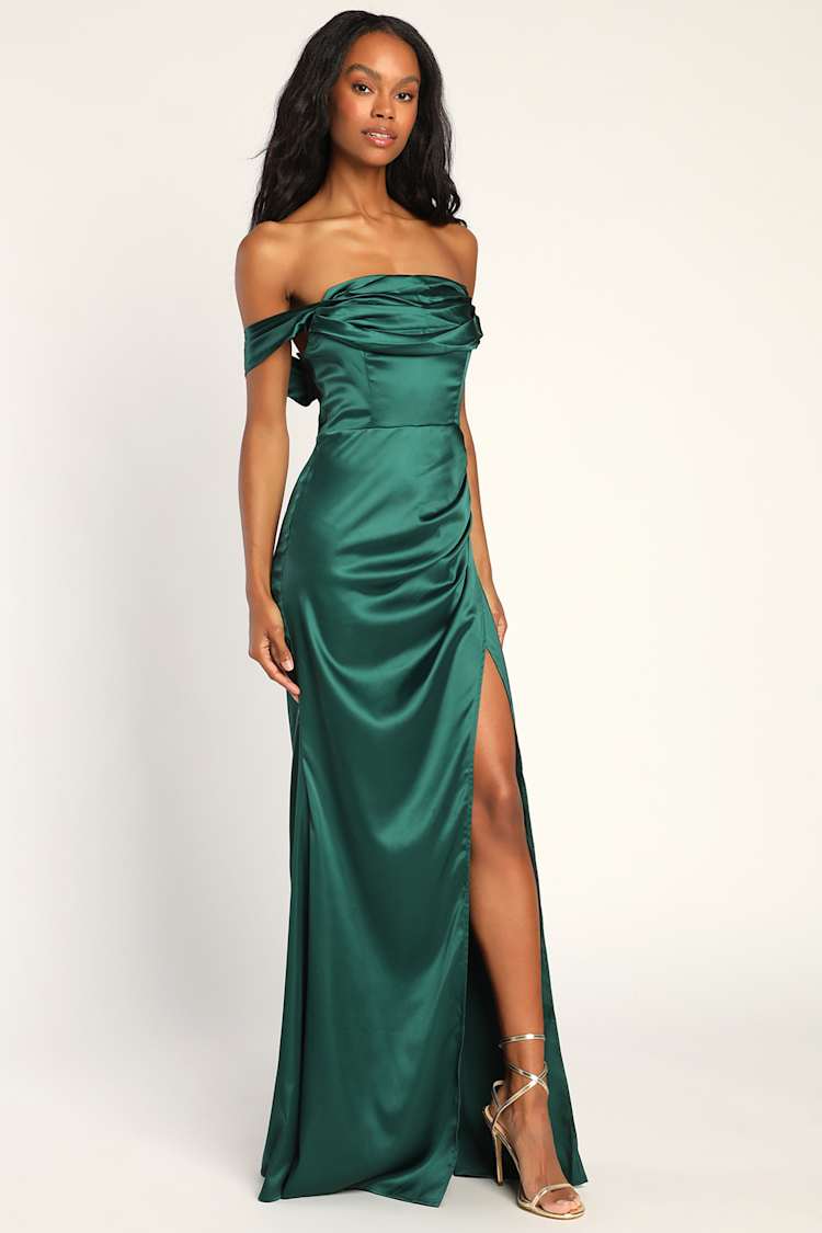green emerald velvet dress Emerald Green Satin Off Shoulder Dress – Boutique Nanette