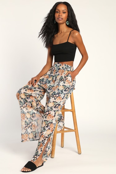 Just Go with the Flow Navy Blue Floral Side Slit Wide-Leg Pants