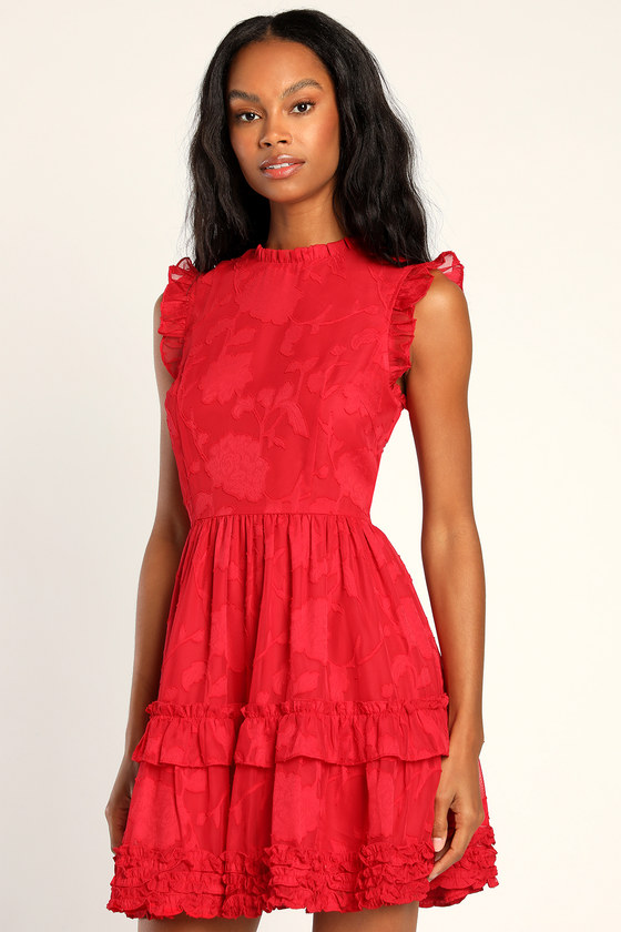 True as Can Be Red Burnout Floral Ruffled Mini Dress