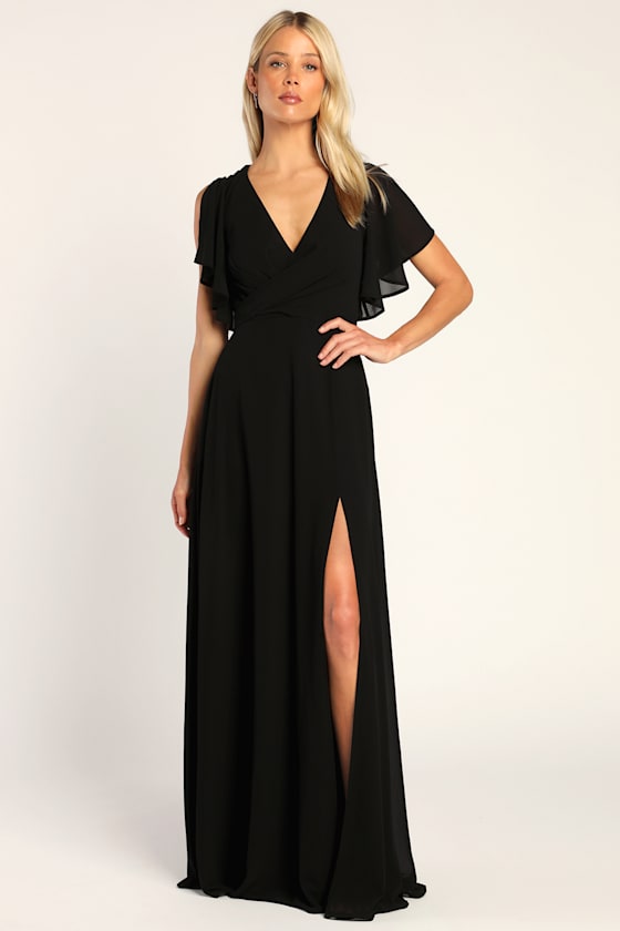 Outstanding Aura Black Split Flutter Sleeve Chiffon Maxi Dress 2