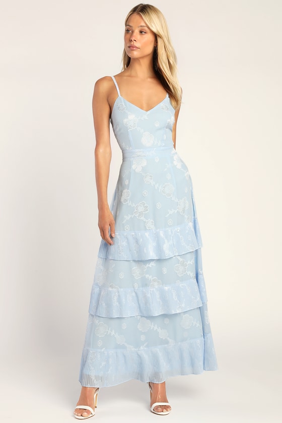 beaming babe light blue floral print jacquard tiered maxi dress