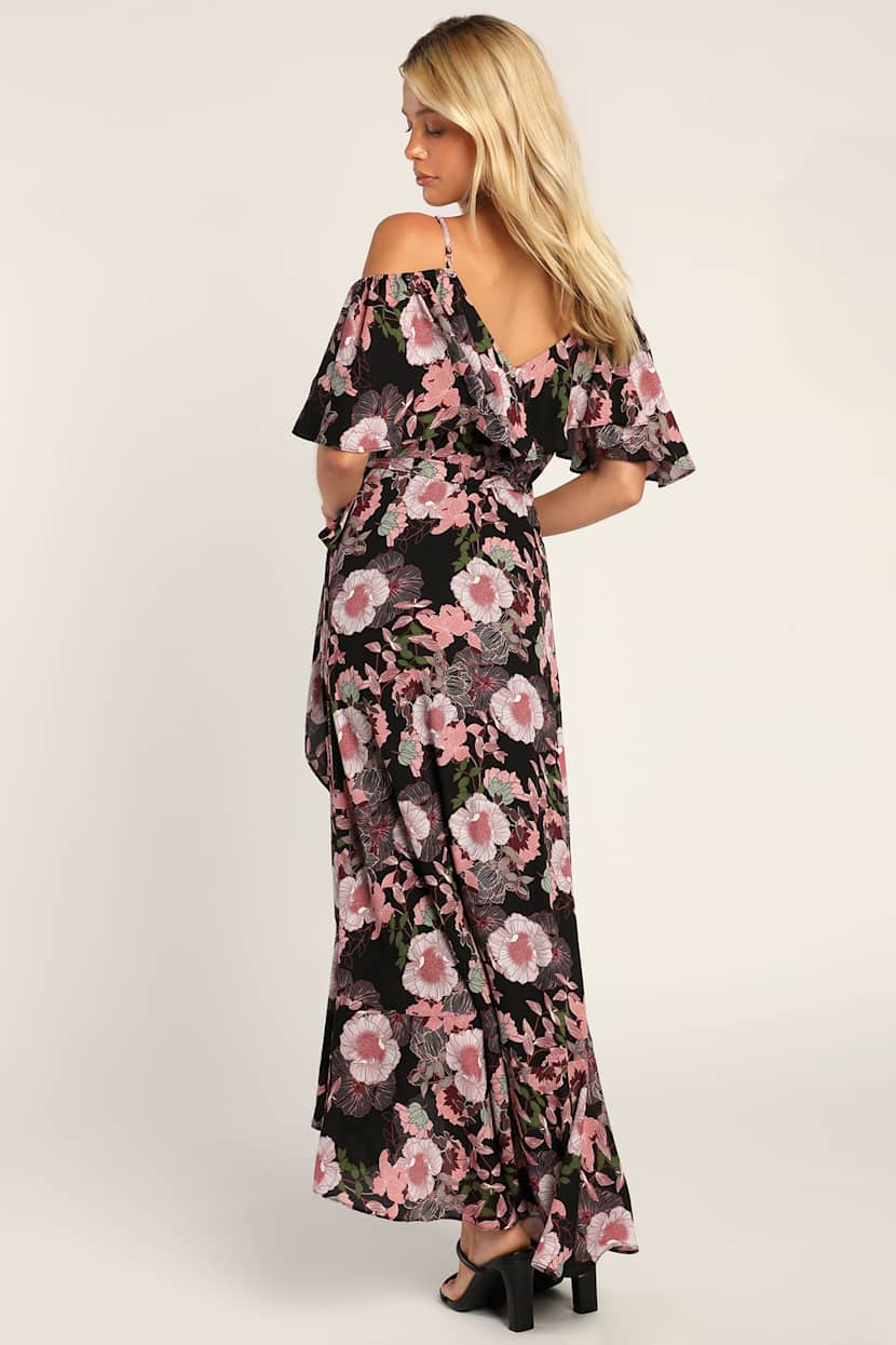 Black Floral Print Dress - Wrap Maxi Dress - High-Low Dress - Lulus