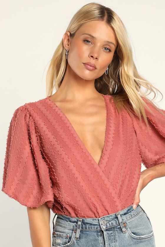 Mauve Pink Bodysuit Puff Sleeve Bodysuit Surplice Bodysuit Lulus