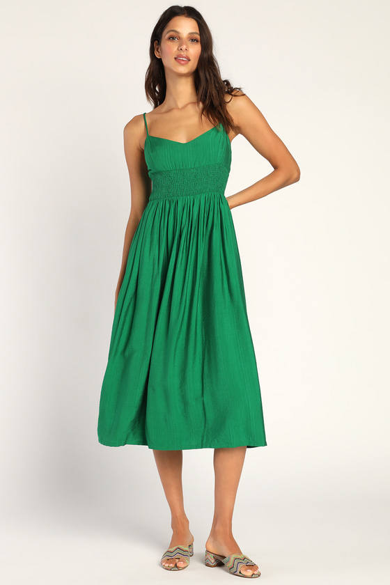 Full Heart Green Smocked Midi Dress