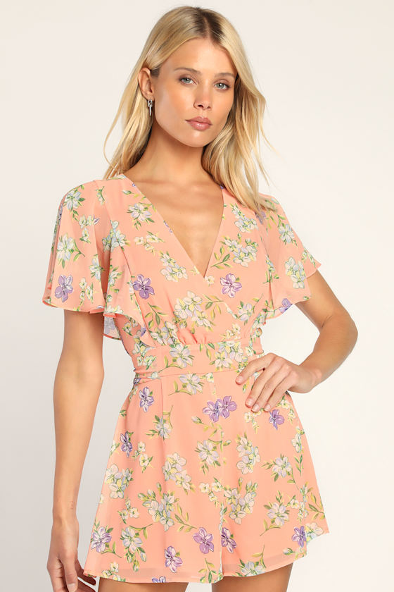 Pink Floral Romper Flutter Sleeve Romper Cute Belted Romper Lulus
