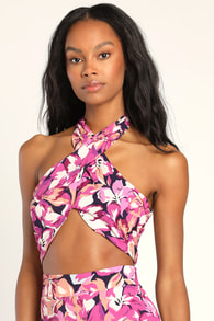 Palm Beach Babe Magenta Floral Print Tie-Back Halter Crop Top