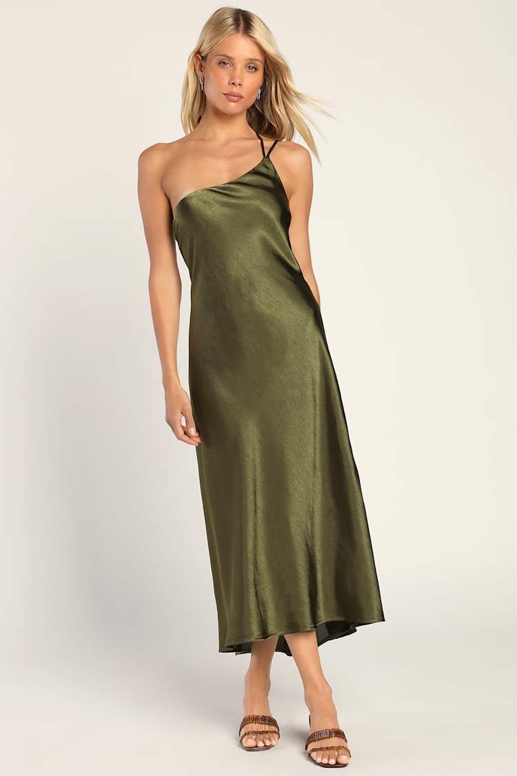 strapless open back dress Shimmering Metallic Olive Green One-Shoulder Gown for Girls – Inayah Fashion main image 0
