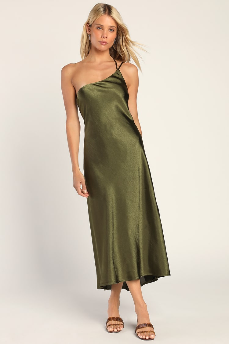 Olive Satin Dress - One-Shoulder Midi Dress - Backless Midi Dress - Lulus
