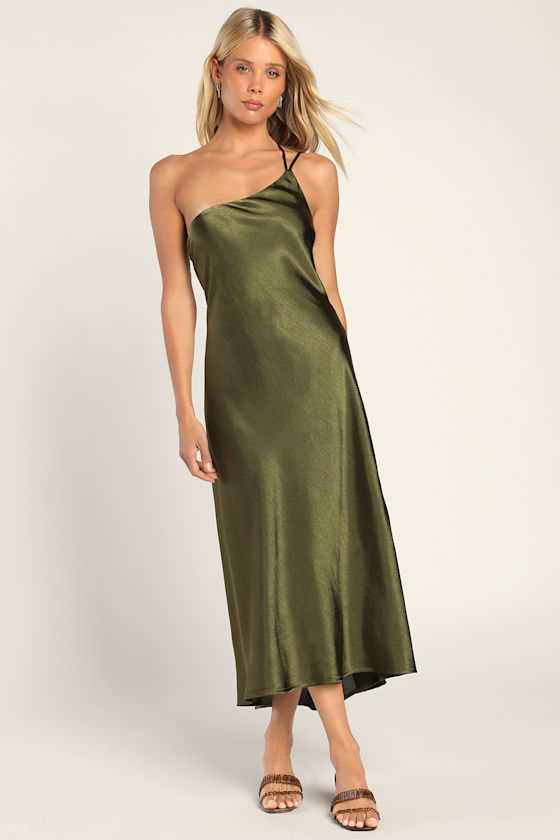 One That Got Away Olive Green Satin One-Shoulder Midi Dress 1
