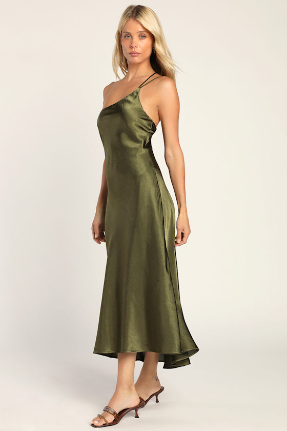 One That Got Away Olive Green Satin One-Shoulder Midi Dress 3