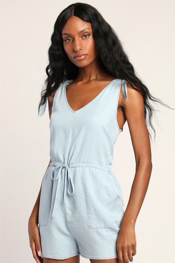 Light Blue Chambray Romper - Tie-Strap Romper - Drawstring Romper - Lulus