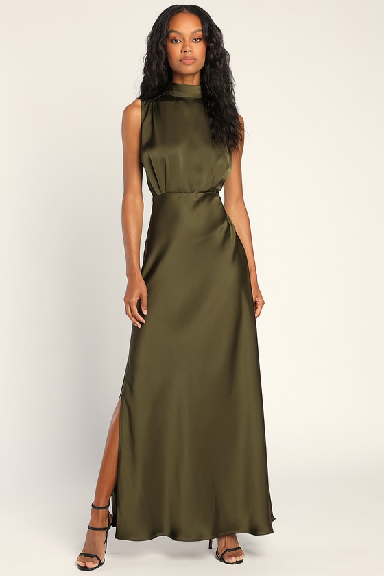 Lulus Classic Elegance Olive Satin Sleeveless Mock Neck Maxi Dress In Green