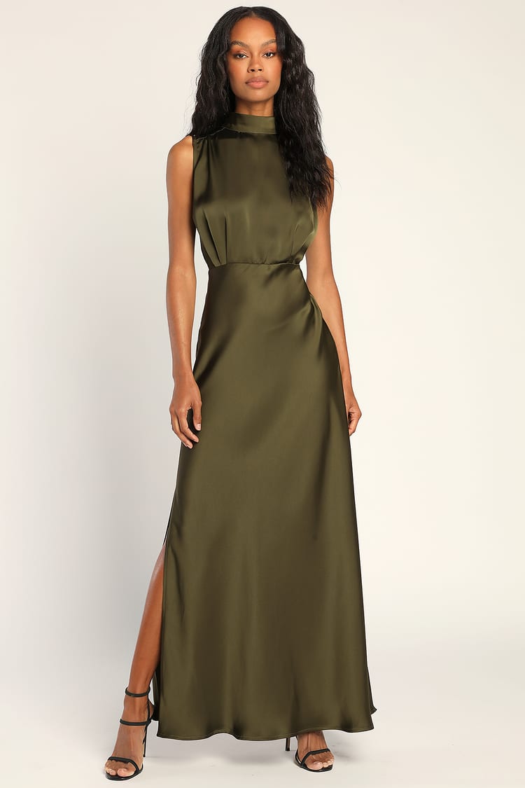 Olive Satin Dress - Mock Neck Maxi Dress - Sleeveless Satin Dress - Lulus