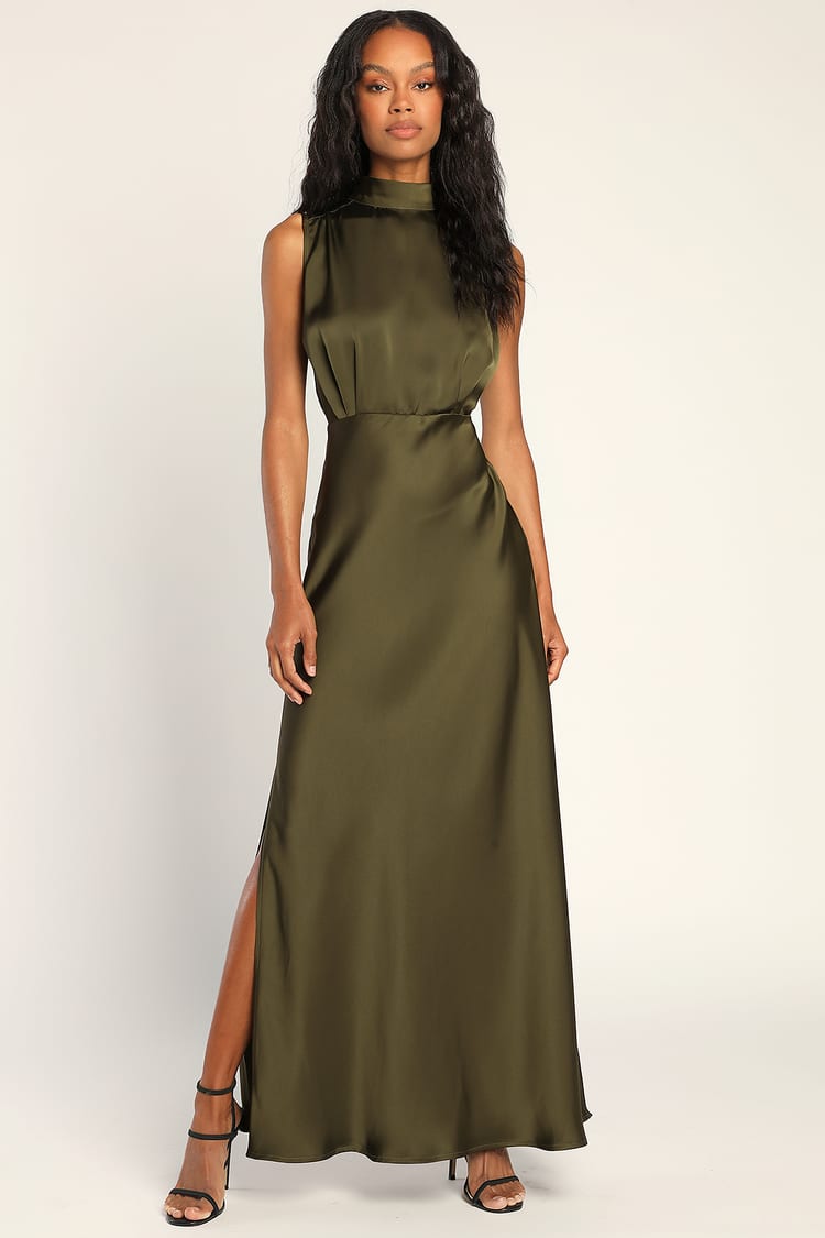 Olive Satin Dress - Mock Neck Maxi Dress - Sleeveless Satin Dress 