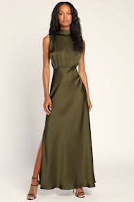 Classic Elegance Olive Satin Sleeveless Mock Neck Maxi Dress 2