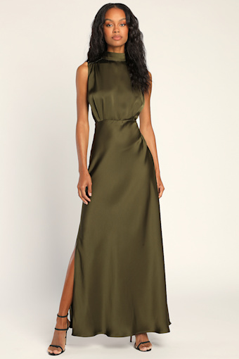 Classic Elegance Olive Satin Sleeveless Mock Neck Maxi Dress 2