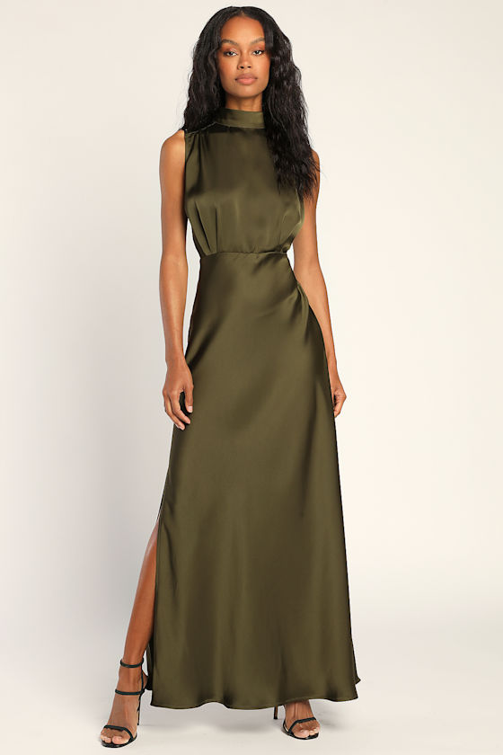 Classic Elegance Olive Satin Sleeveless Mock Neck Maxi Dress 2