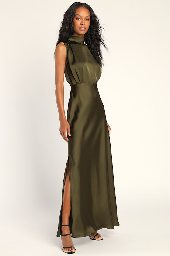 Classic Elegance Olive Satin Sleeveless Mock Neck Maxi Dress - thumbnail 5