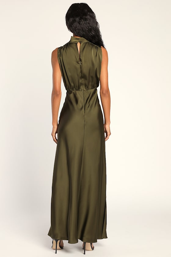 Classic Elegance Olive Satin Sleeveless Mock Neck Maxi Dress - thumbnail 6