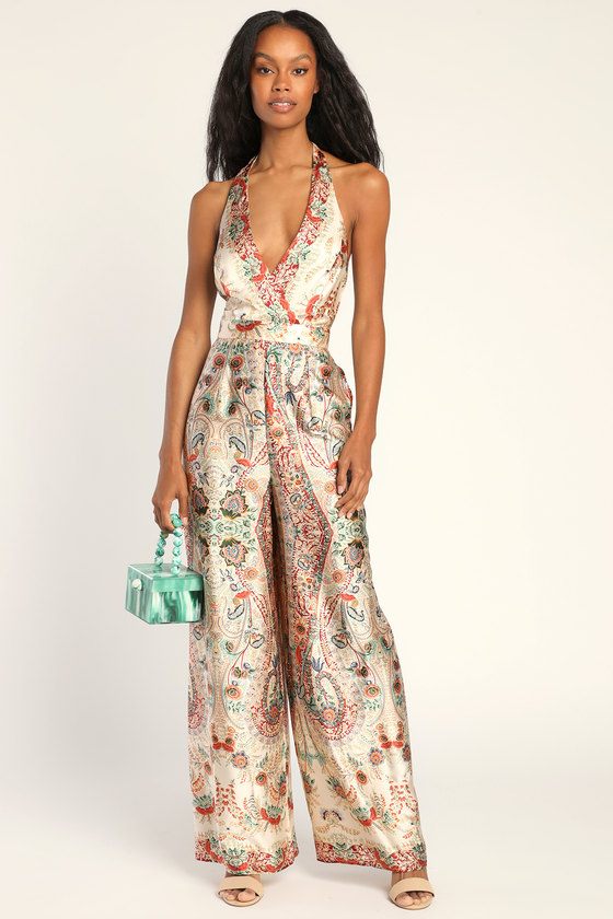 Cream Scarf Print Jumpsuit - Satin Jumpsuit - Halter Jumpsuit - Lulus