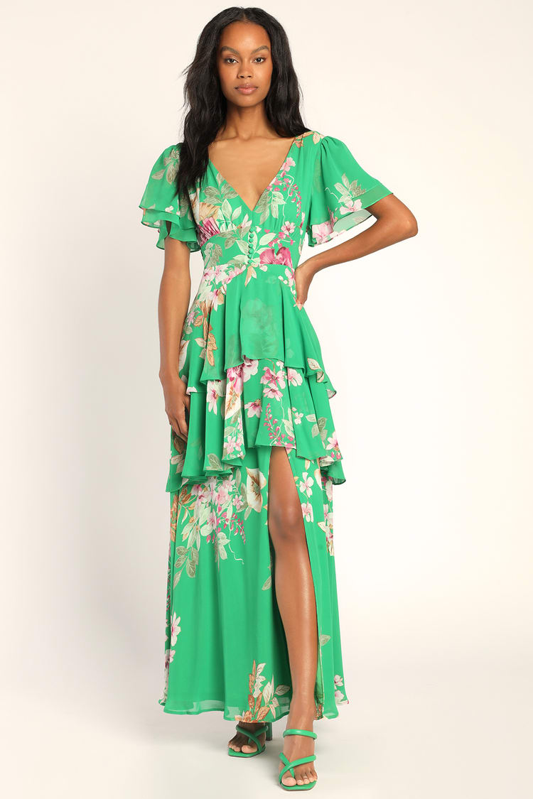 Lovely Green Maxi Dress - Tiered Maxi Dress - Floral Print Dress - Lulus