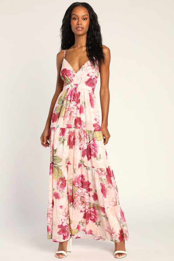 Gorgeous Blooms Blush Pink Floral Print Tiered Maxi Dress