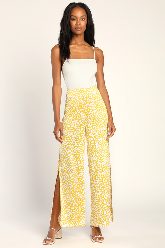 Wildly Chic Yellow Animal Print Satin Wide-Leg Side Slit Pants