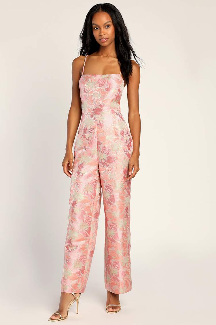 Pink Floral Jumpsuit - Lace-up Jumpsuit - Jacquard Jumpsuit - Lulus
