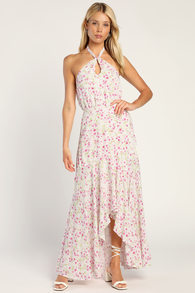 Moment of Romance Ivory Floral Print Halter High-Low Maxi Dress