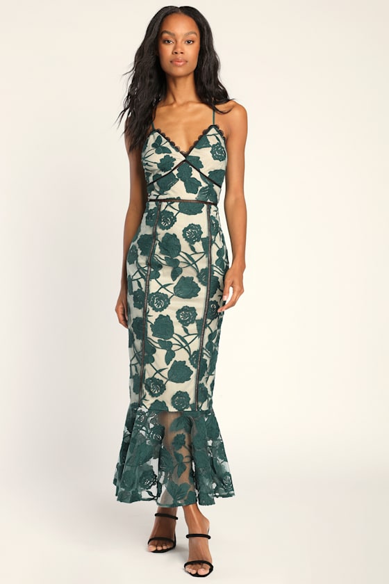 Alluring Dream Emerald Green Floral Mesh Lace Trumpet Midi Dress 2