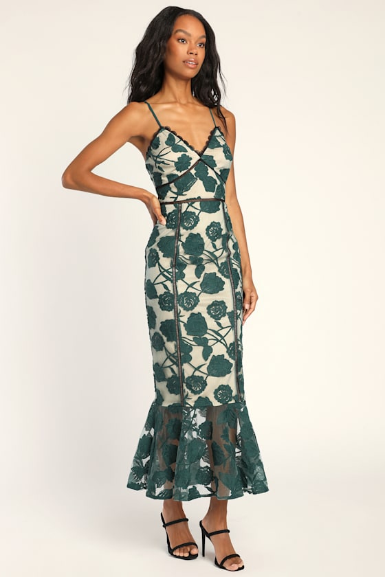 Emerald Green Midi Dress - Trumpet Dress - Floral Lace Dress - Lulus