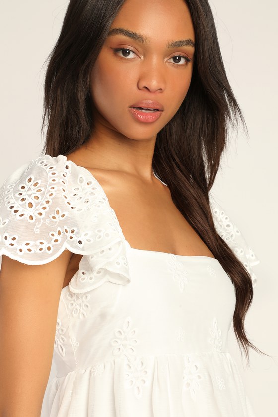 Parisian Perfection White Embroidered Flutter Sleeve Mini Dress