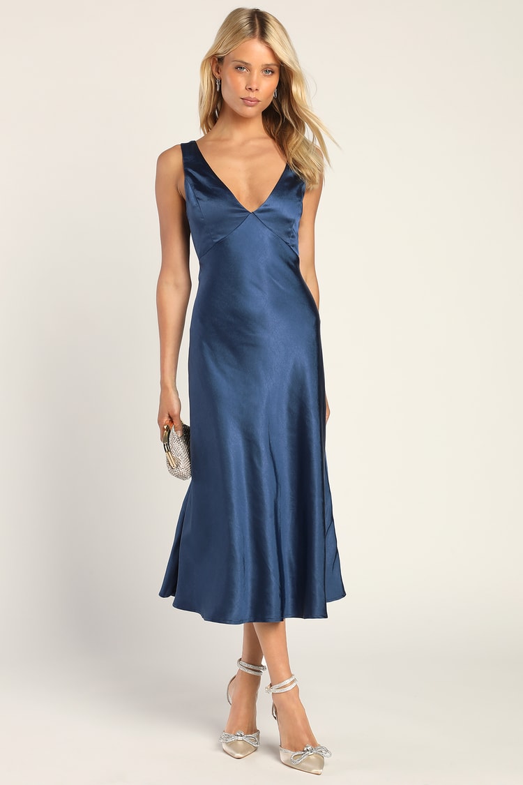 Navy Satin Cowl Back Midi Slip Dress | Womens | Large (Available in S, M, XL) | 100% Polyester | Lulus