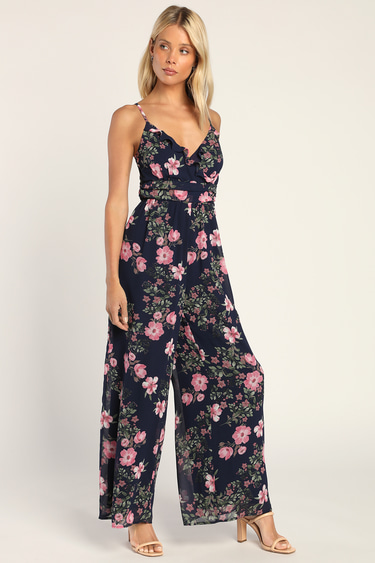 Flowering Expression Navy Blue Floral Ruffled Wide-Leg Jumpsuit