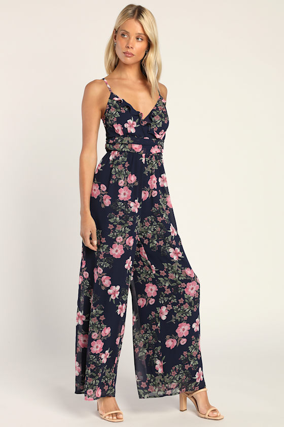 Navy Blue Floral Jumpsuit - Wide-Leg Jumpsuit - Floral Jumpsuit - Lulus