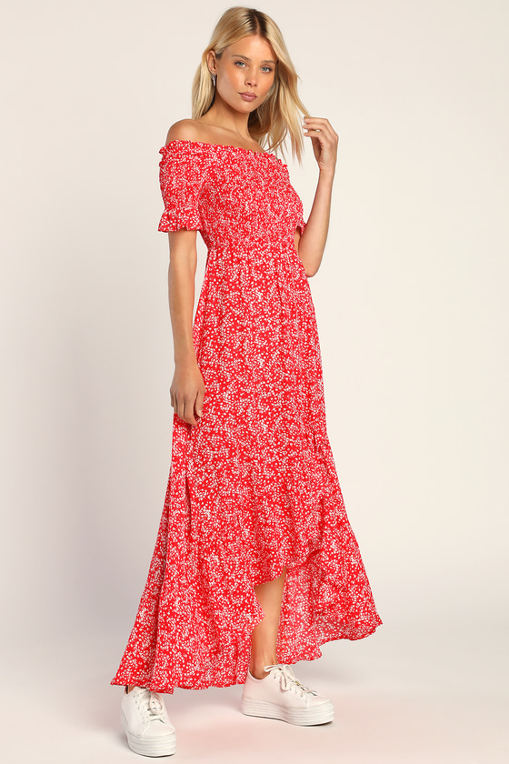 Red Floral Print High-Low Dress - Smocked OTS Dress - Lulus