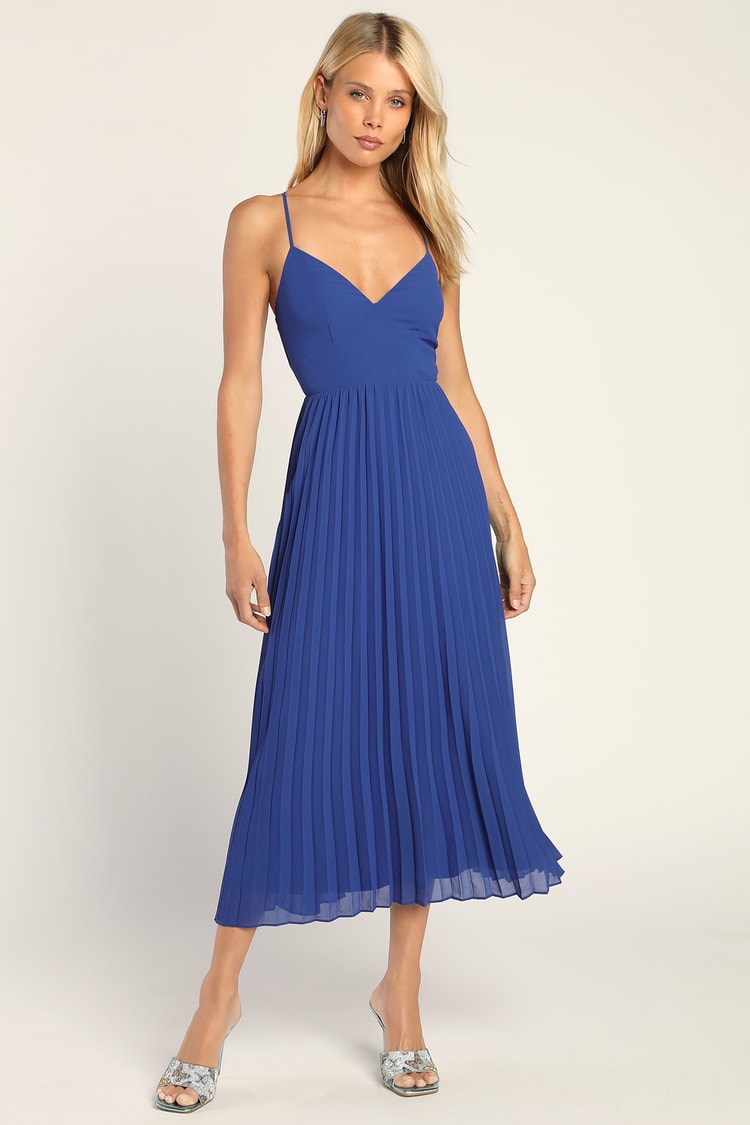 Perfectly Passionate Royal Blue Pleated Sleeveless Midi Dress