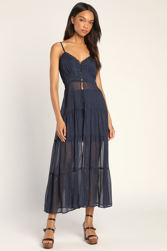 Navy Blue Two-Piece Midi Dress - Lurex Dress - Smocked Midi Dress - Lulus