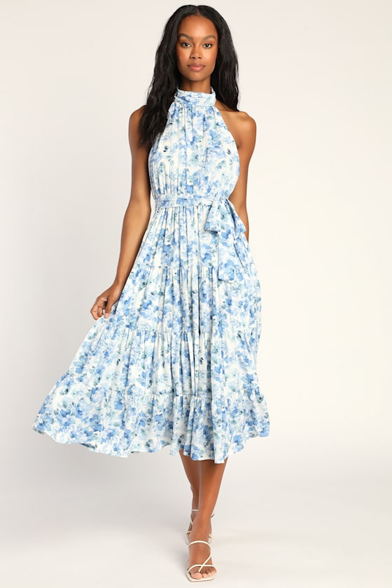 Breezing Through White Floral Print Tiered Halter Midi Dress 1