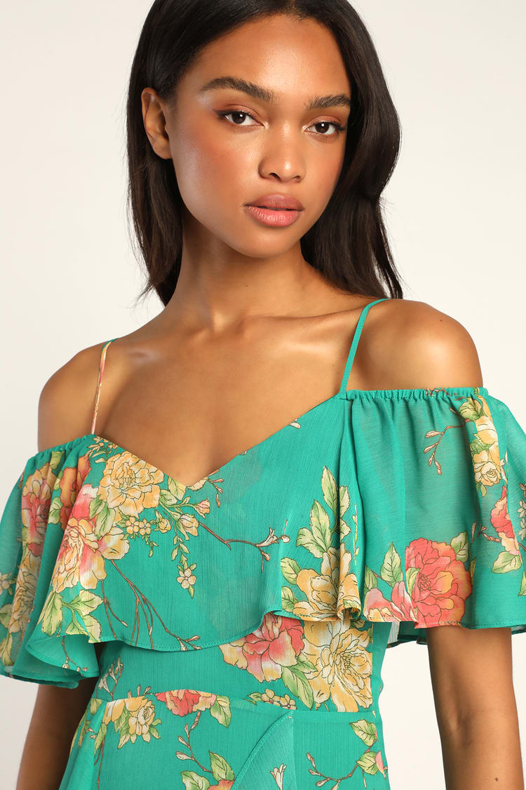 Romantic Love Green Floral Print Cold-Shoulder Midi Dress