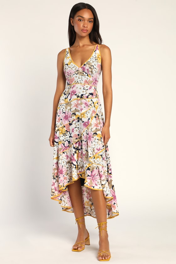 Multi Floral Backless Dress - High-Low Dress - Lace-Up Midi Dress - Lulus