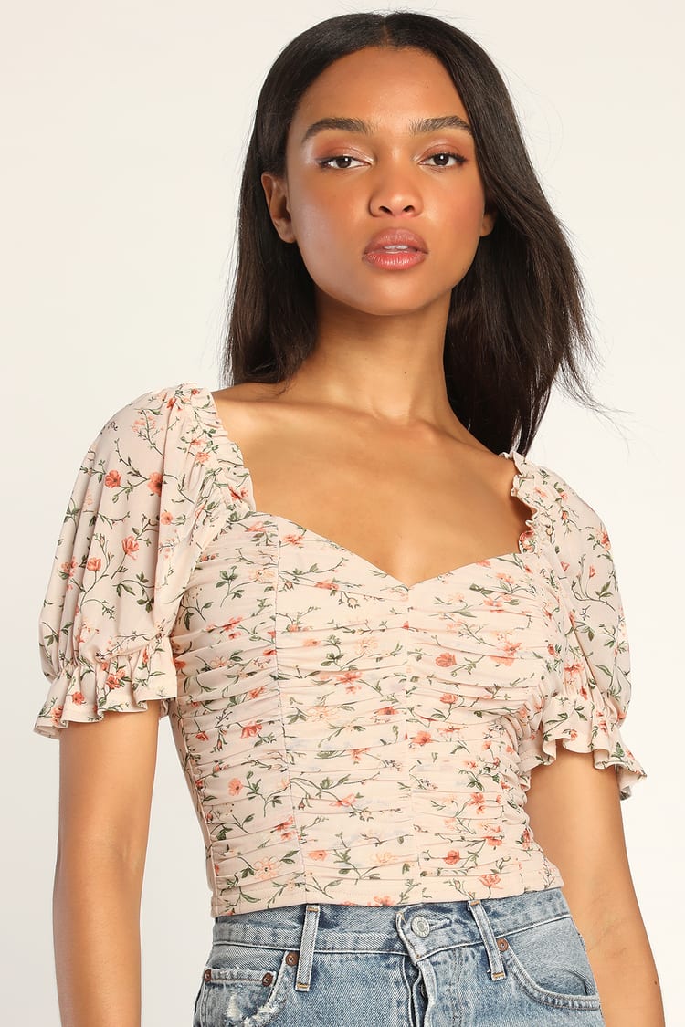 Blooming with Bliss Blush Floral Print Ruched Short Sleeve Top