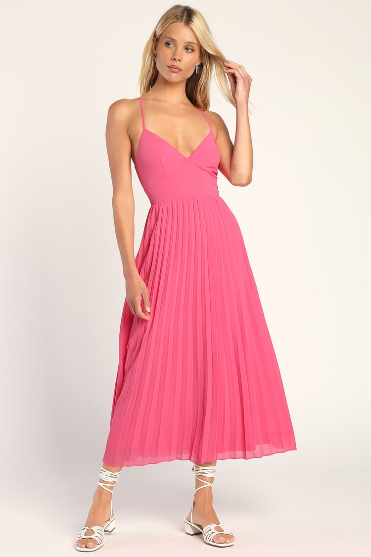 Hot Pink Chiffon Dress - Pleated Midi Dress - Chiffon Midi Dress - Lulus