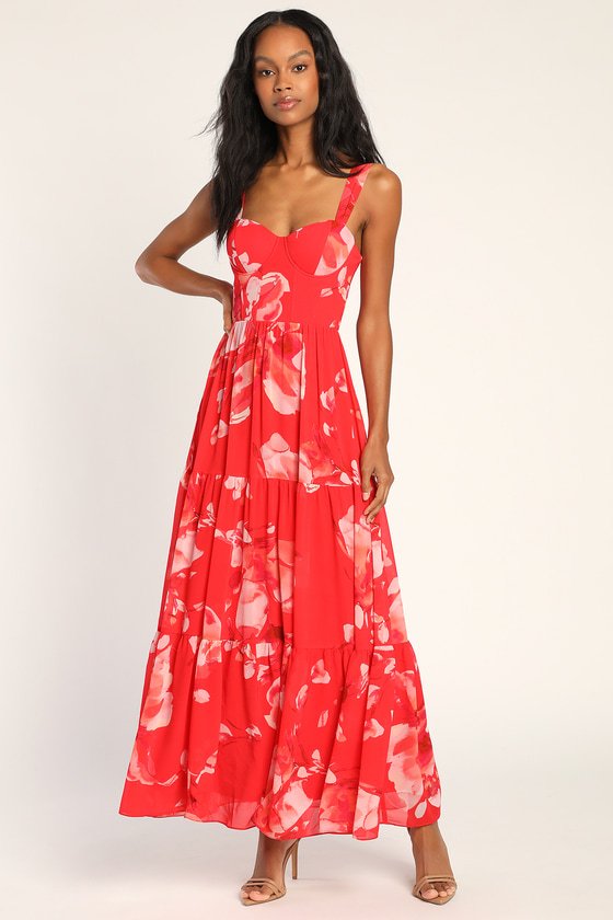 Red Floral Print Dress - Bustier Maxi Dress - Sleeveless Sundress - Lulus